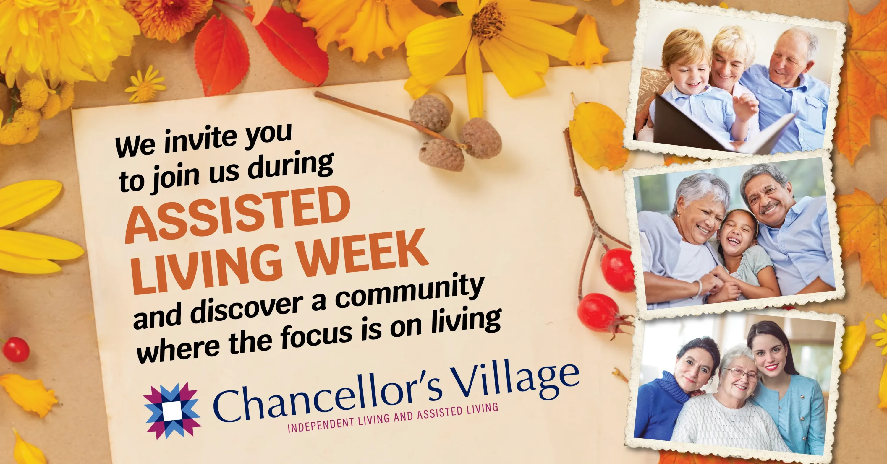 Assisted living week invitation surrounded by family photos