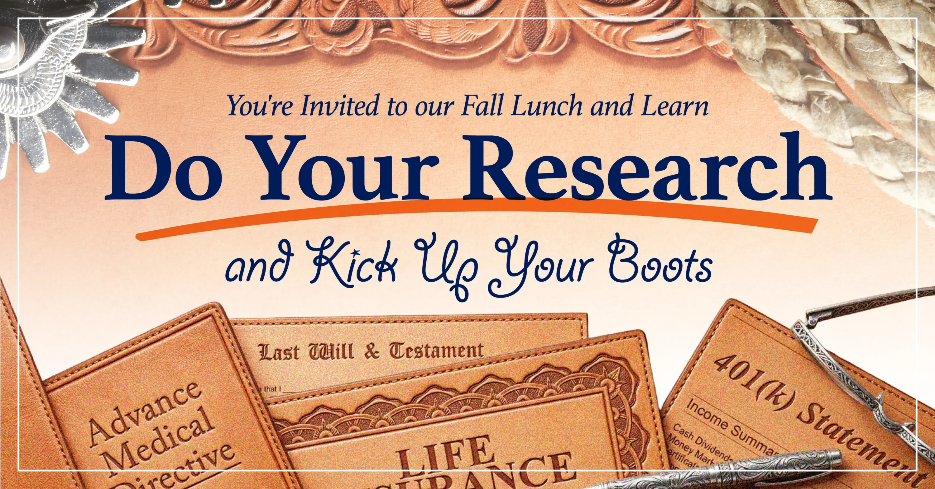 Fall lunch invitation with leather-embossed estate-planning wallets