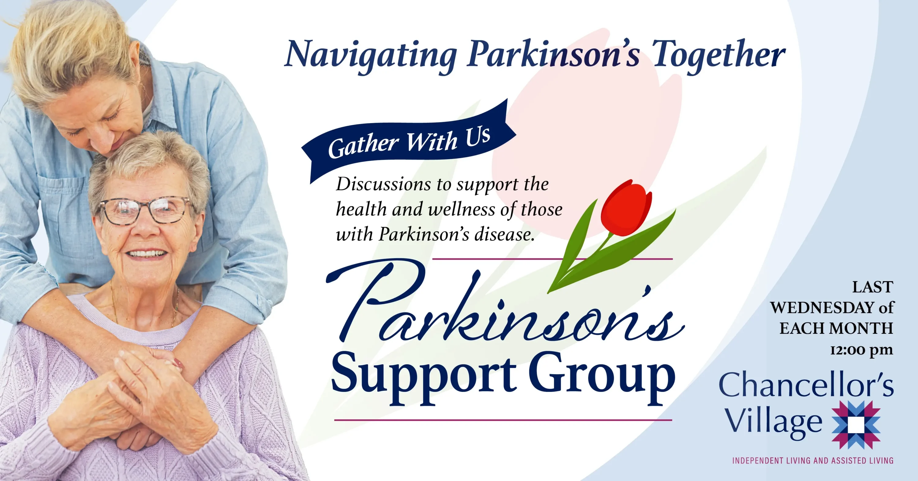 Parkinson’s support group flyer featuring two smiling older women