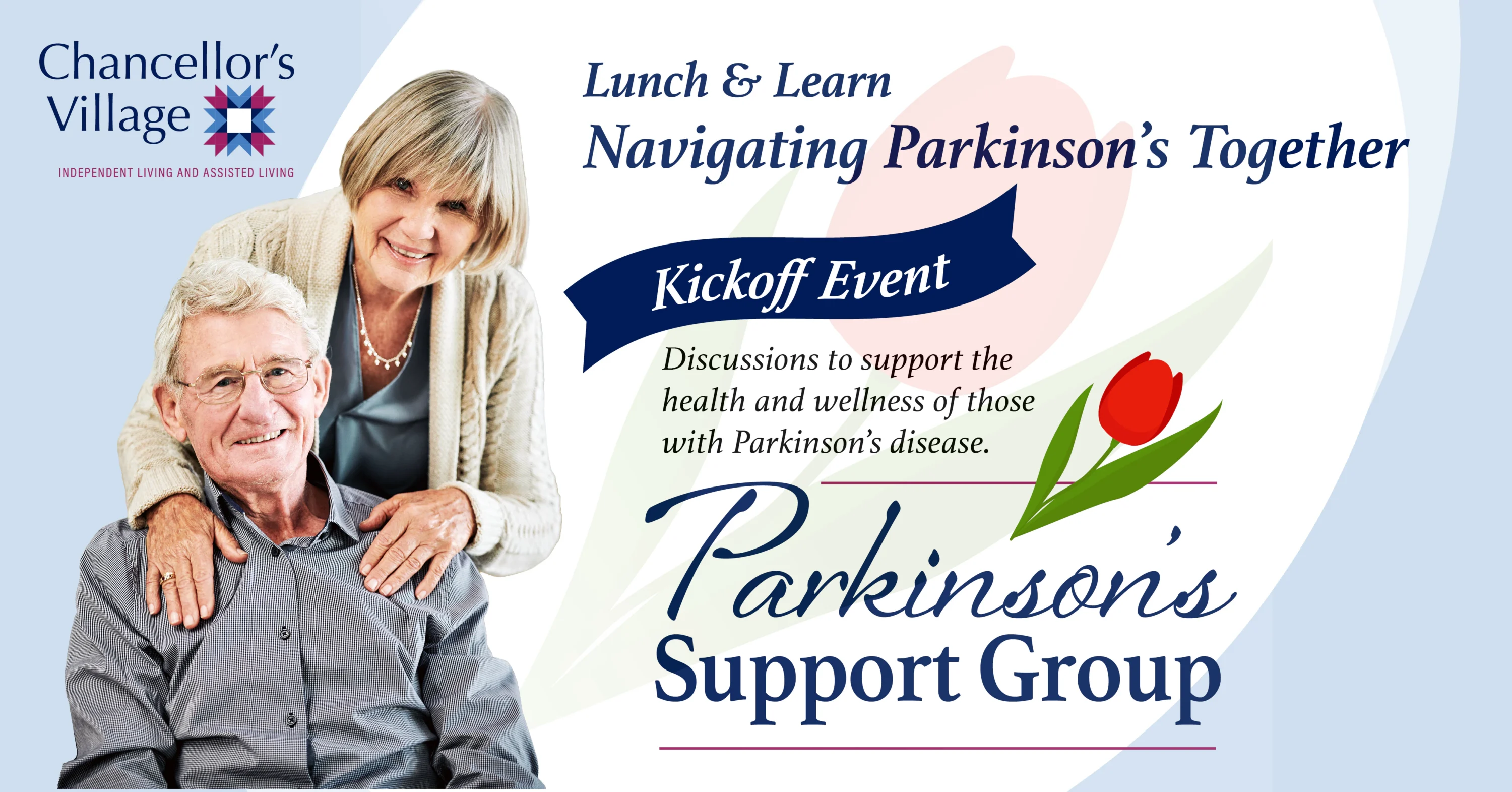 Elderly couple promoting Parkinson’s support group event