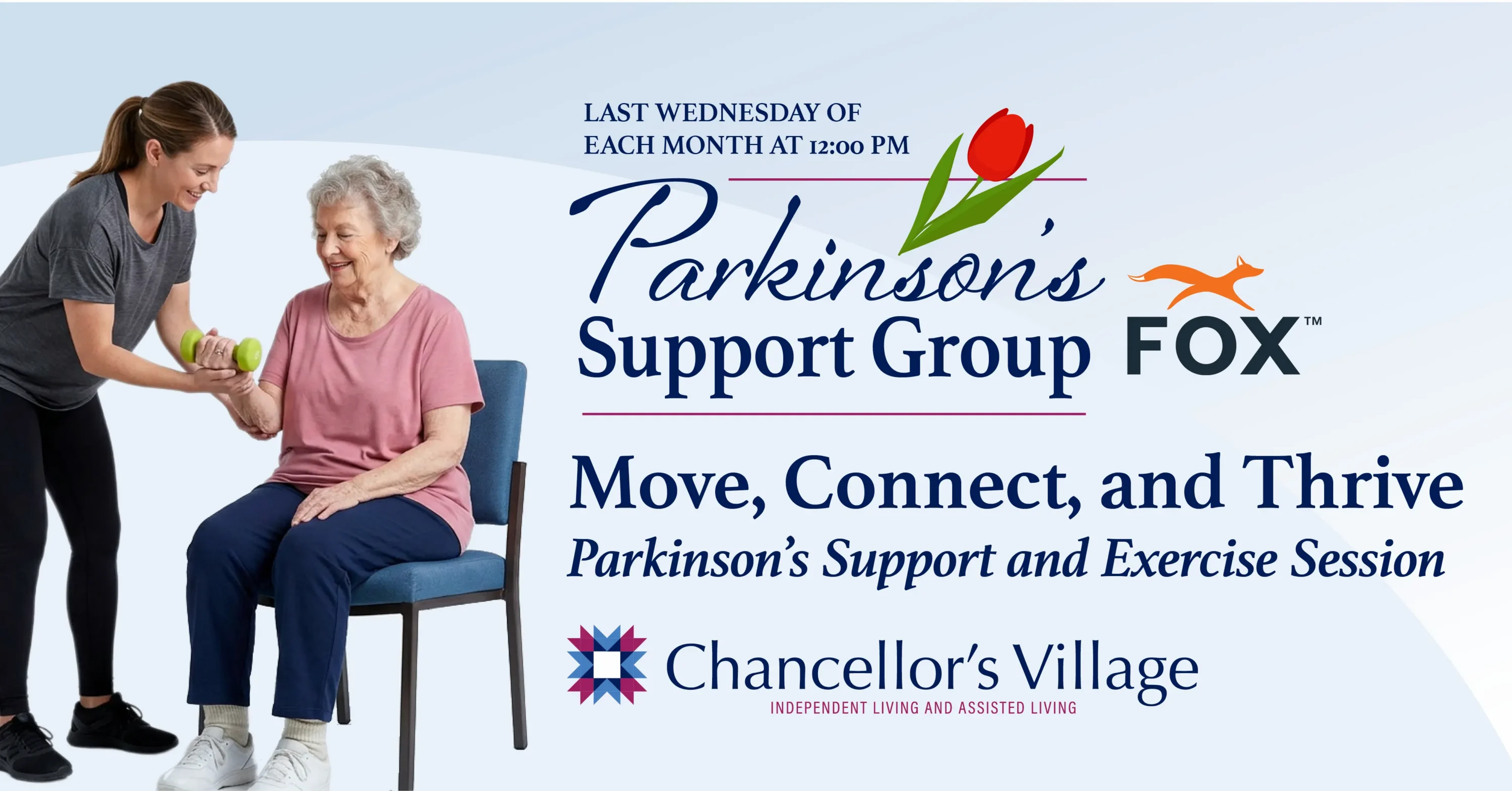 Caregiver assists senior with dumbbell for Parkinson’s support group