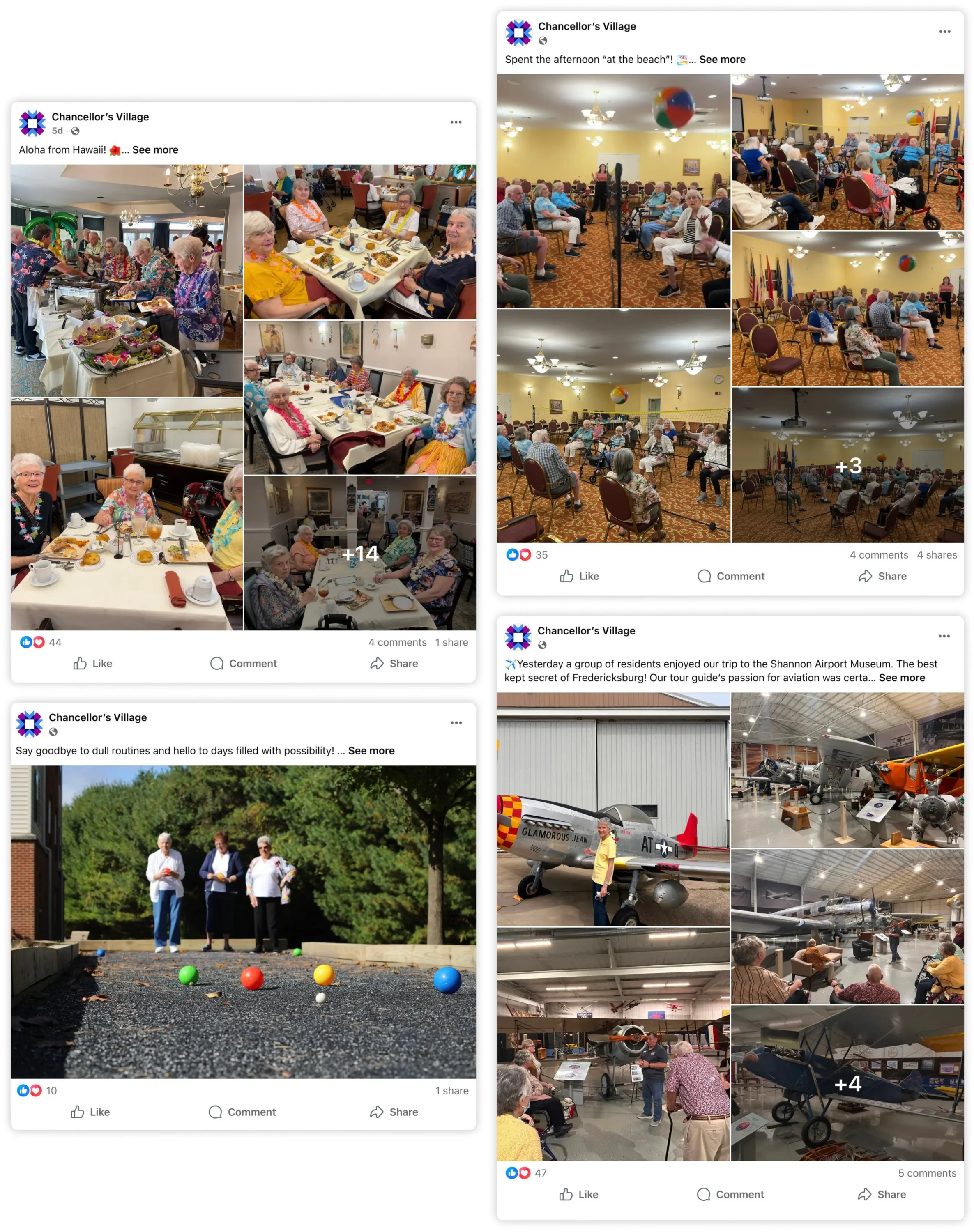 Chancellor’s Village Facebook posts showing resident activities and outings