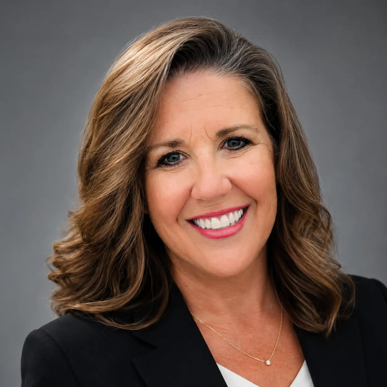 Smiling woman in professional headshot against gray background